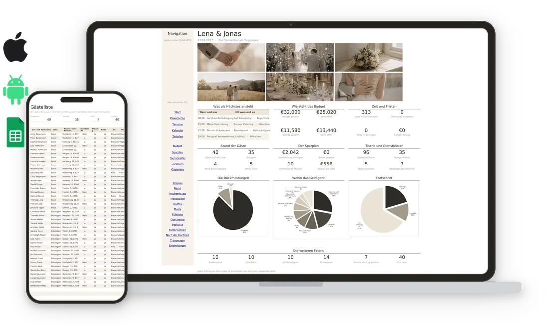 Il planner su laptop e telefono — Excel, Google Sheets, Apple e Android